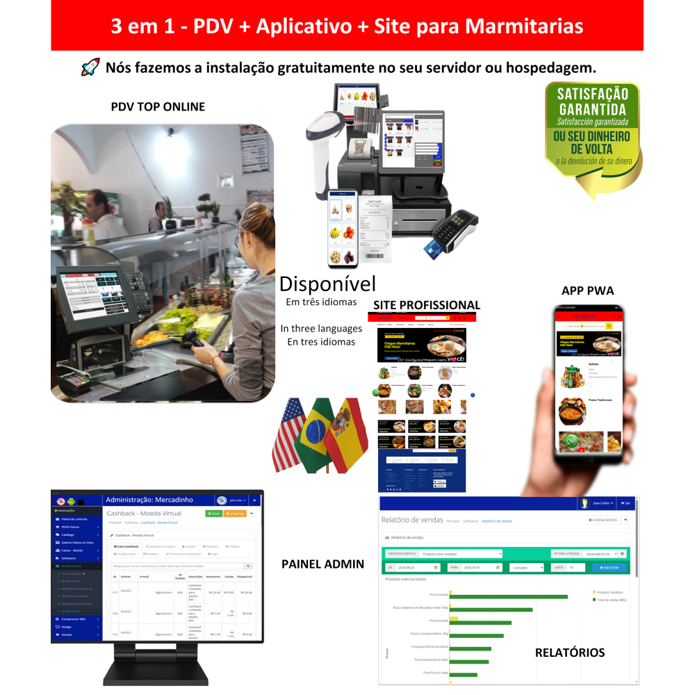 Marmitarias 3 em 1 - PDV + APP + Site - Sistema de vendas com PDV, Aplicativo e Site profissional Marmitarias 3 em 1 - PDV + APP + Site - Sistema de vendas com PDV, Aplicativo e Site profissional
