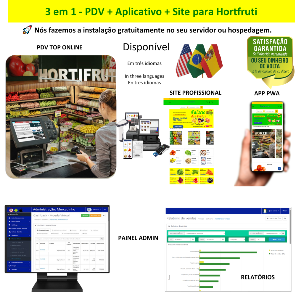 Hortifruti Sacolão 3 em 1 - PDV + APP + Site - Sistema de vendas com PDV, Aplicativo e Site profissional Hortifruti Sacolão 3 em 1 - PDV + APP + Site - Sistema de vendas com PDV, Aplicativo e Site profissional