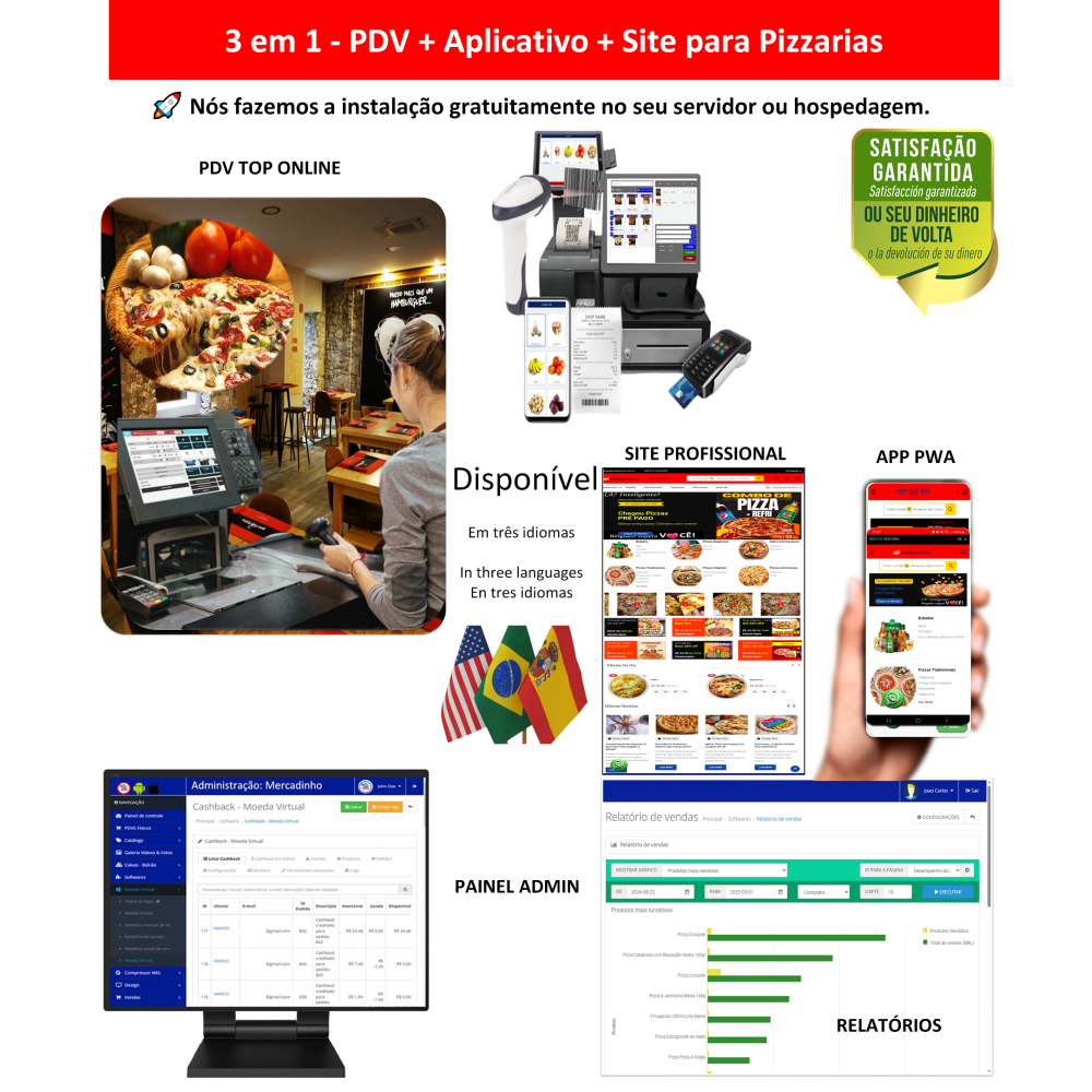 Pizzarias 3 em 1 - PDV + APP + Site - Sistema de vendas com PDV, Aplicativo e Site profissional Pizzarias 3 em 1 - PDV + APP + Site - Sistema de vendas com PDV, Aplicativo e Site profissional