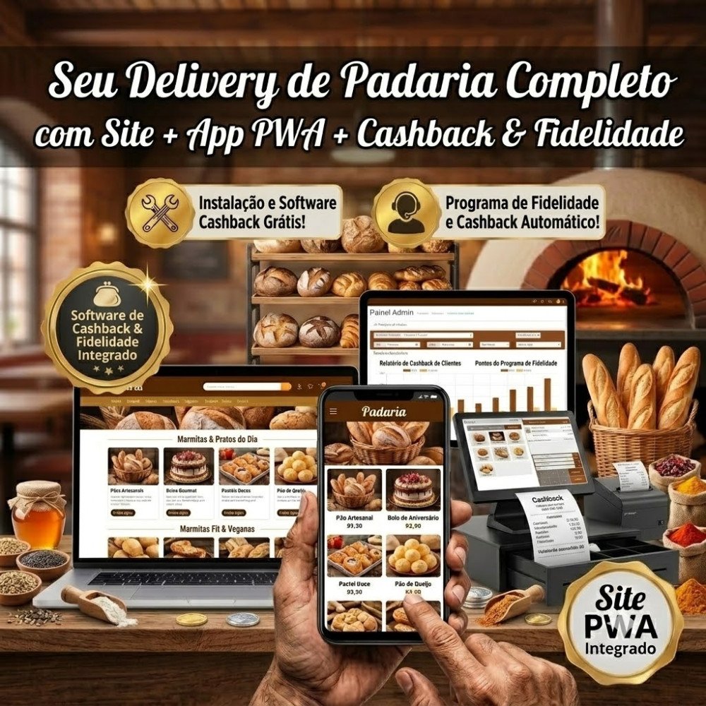 Padaria Site + AppS + Programa de Fidelidade Cashback  (Assinatura Avançado) ou mais...