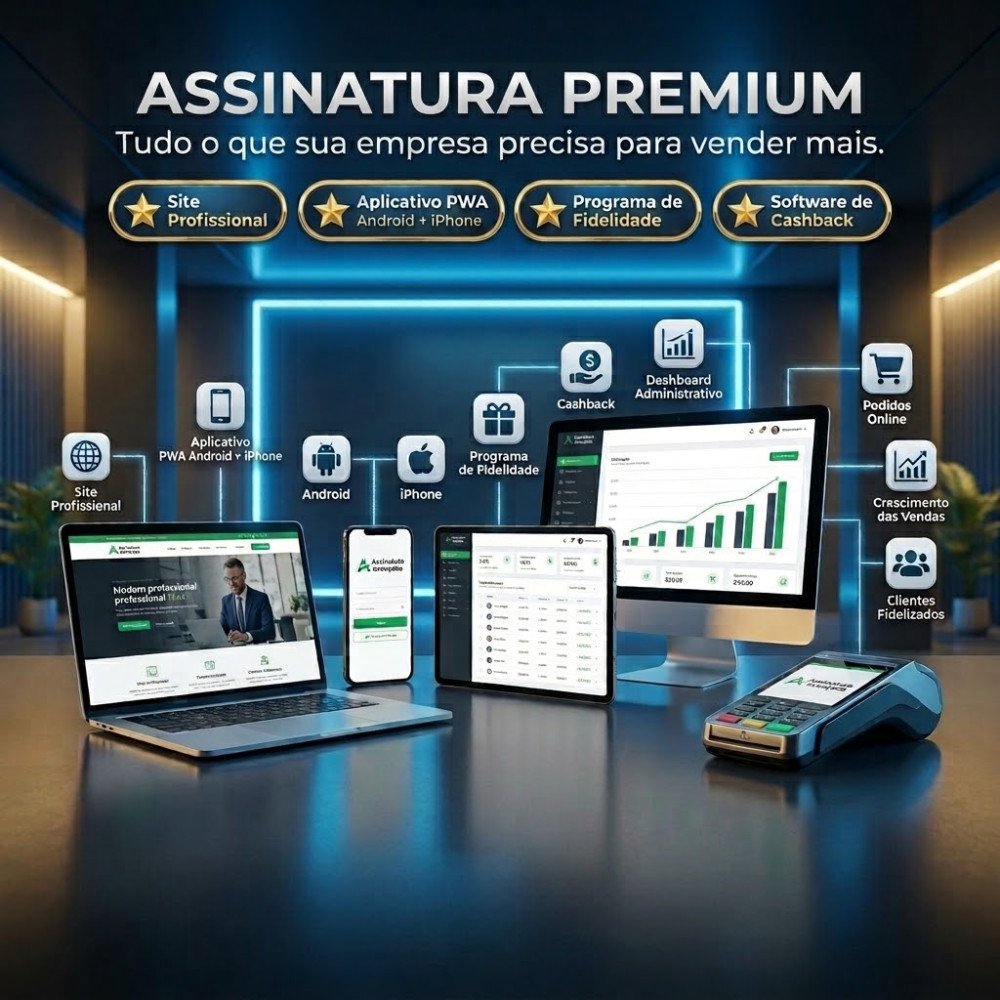 Assinatura Premium Site + Aplicativos PWA + Programa de Fidelidade Cashback  + PDVs + Tabloide + Comanda digital