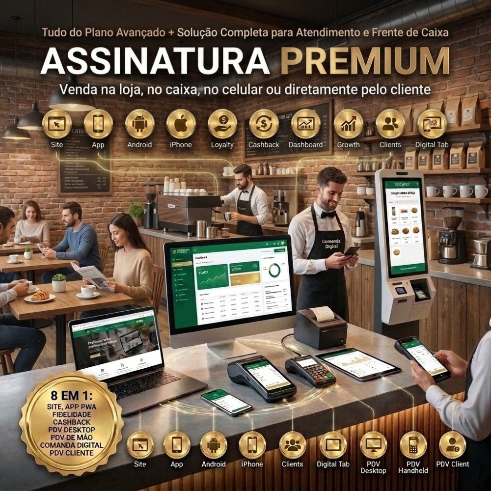 Cafeterias (Assinatura Premium) Site + AppS + Programa de Fidelidade Cashback + PDV
