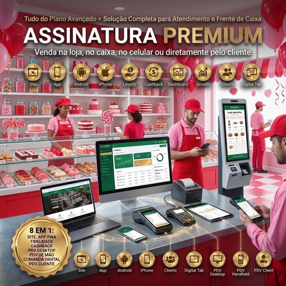 Docerias  (Assinatura Premium) Site + AppS + Programa de Fidelidade Cashback + PDV