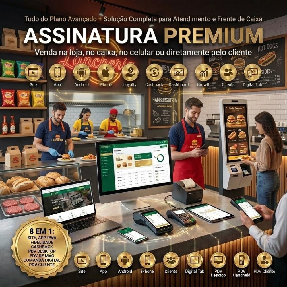 Lancherias  (Assinatura Premium) Site + AppS + Programa de Fidelidade Cashback + PDV